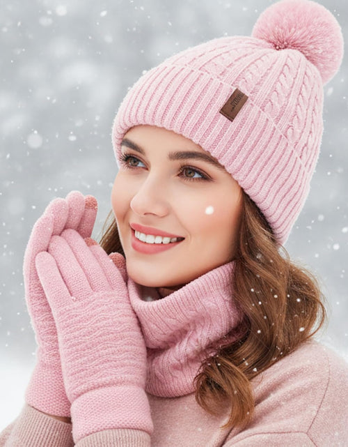 Load image into Gallery viewer, 3Pcs Winter Women Beanie Hat Scarf and Touch Screen Gloves Sets Girls Classic Knit Warm Chunky Fleece Lined Cable Cap
