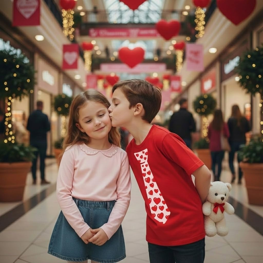 Boys Valentines Day Shirt Red Hearts Tie Toddler Infant Kids T-Shirt