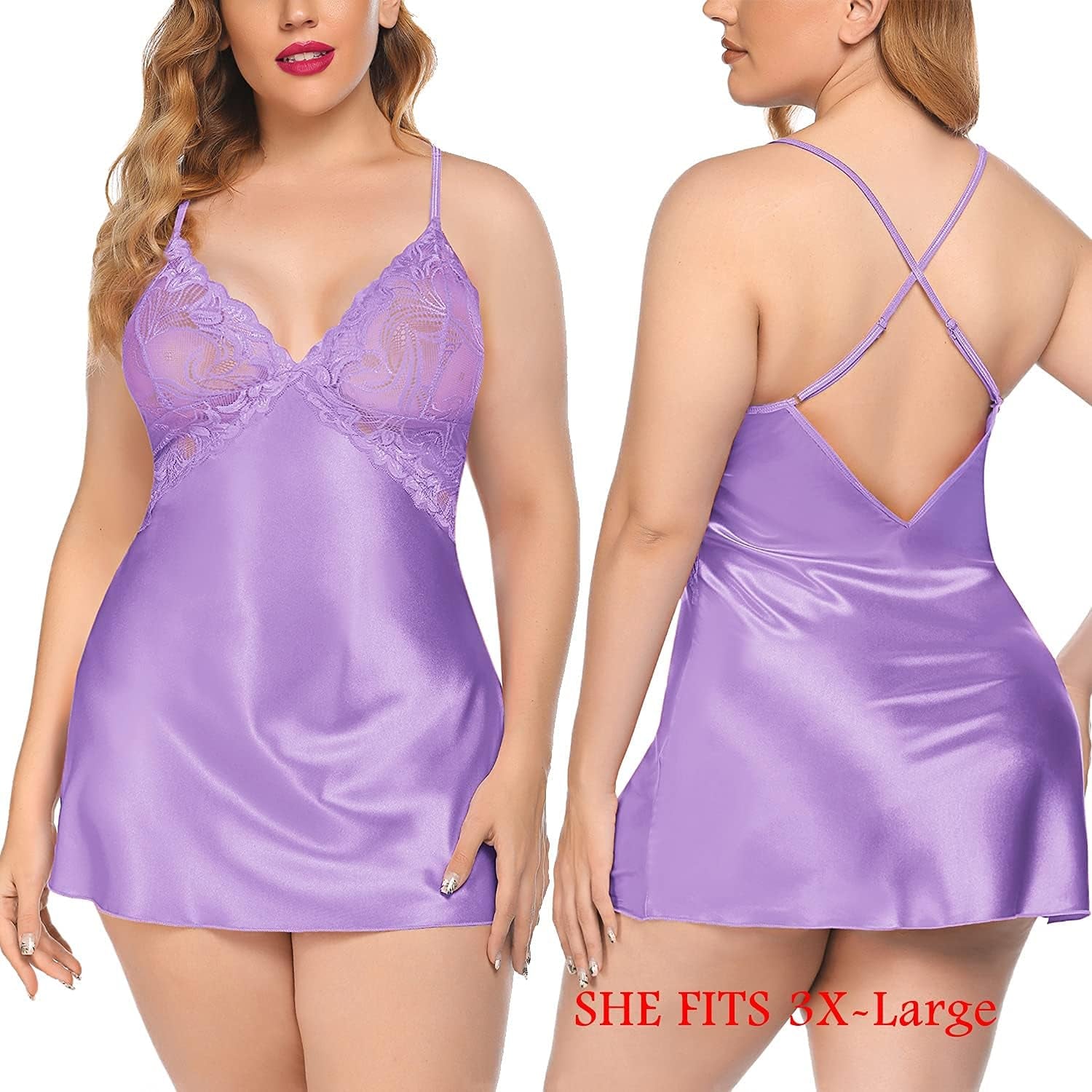 Women Lingerie V Neck Sexy Nightwear Satin Sleepwear Lace Chemise Mini Babydoll Nightgown